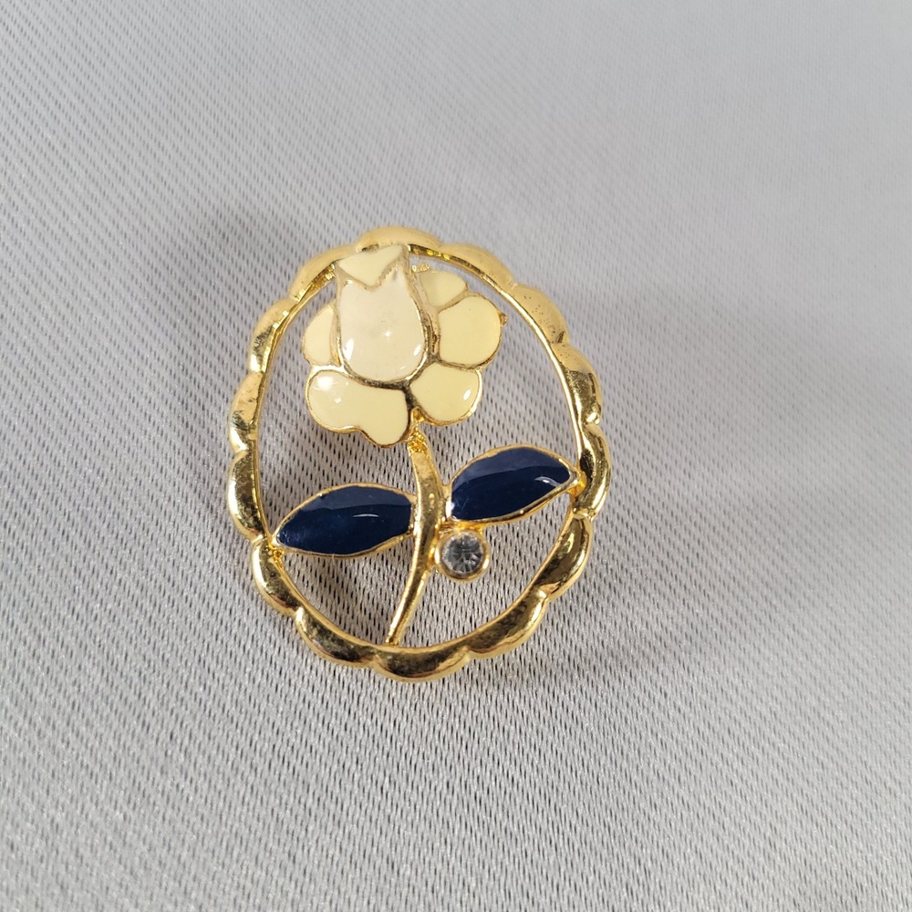 Enamel Flower Brooch Gold Cream Navy Blue Oval Rhinestone Accent Pin Jewelry